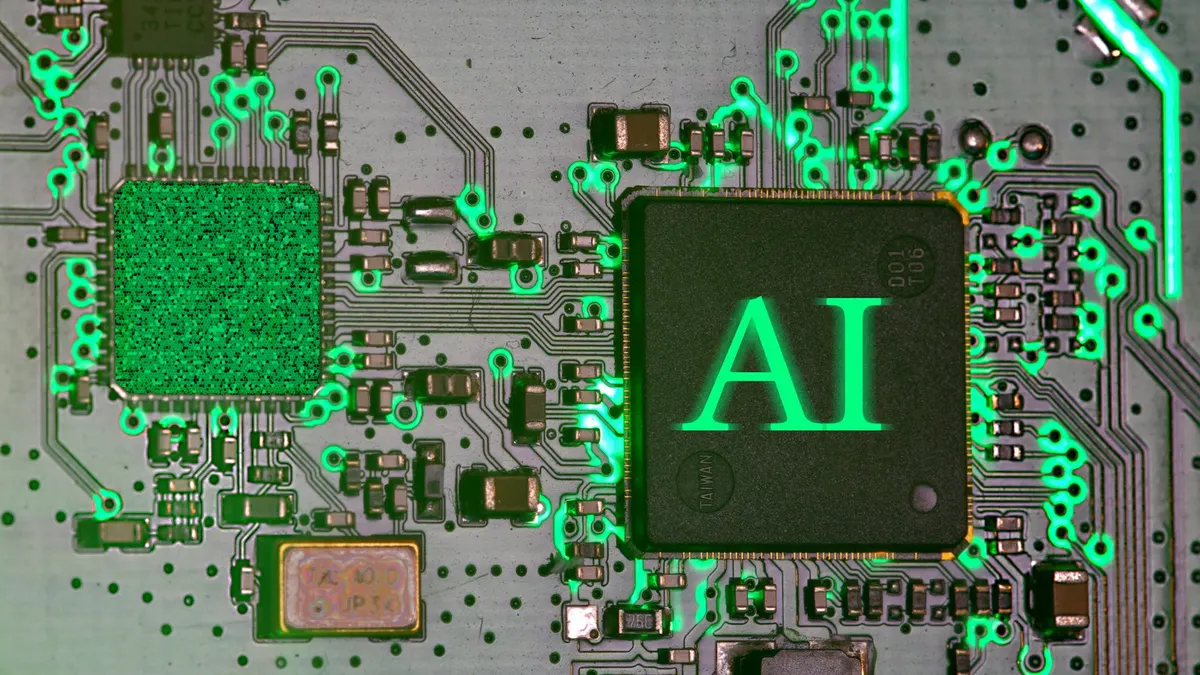 Macro photo of a circuit board with an illuminated AI processor chip